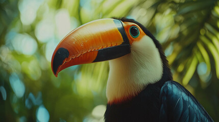 Fototapeta premium A stunning close-up of a toucan’s face, highlighting its intricate feather patterns and strikingly large bill against a blurred natural background