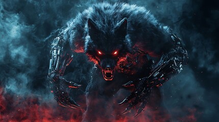 A dark, menacing wolf-like creature with glowing red eyes emerges from smoke and flames, exuding an aura of danger and mystery.