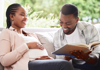 Pregnant, black couple and relax with book by belly for prenatal education, love and connection....