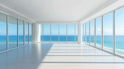 Fototapeta premium An empty living room with a bright and large window with a light blue ocean view