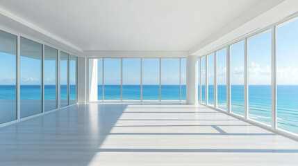 An empty living room with a bright and large window with a light blue ocean view