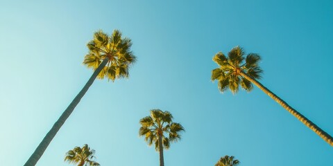 Obraz premium A row of palm trees are in the sky with a blue sky background