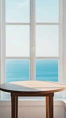 Fototapeta premium A vertical photo of a round modern wooden table in front of a bright window with a light blue ocean view