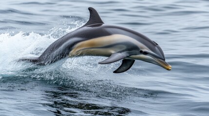 Obraz premium Dolphins are smart and playful sea creatures known for their smooth bodies and graceful movements. They swim with ease thanks to their sleek shape and shiny skin.