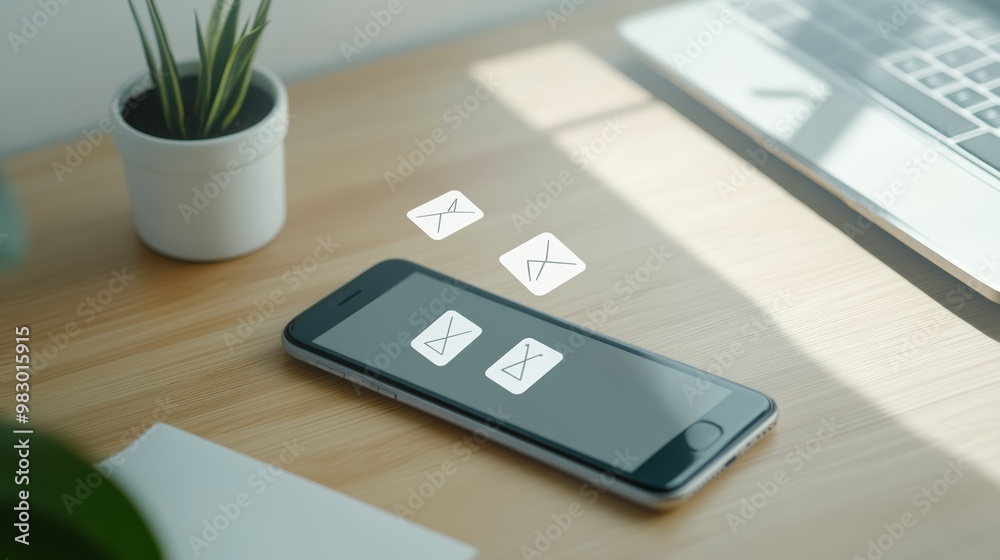 Poster smartphone on a desk showing messaging app symbols. focus on digital communication in a modern workp