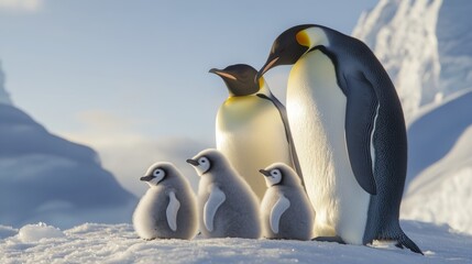 Emperor penguin parents watch over their adorable, downy chicks.