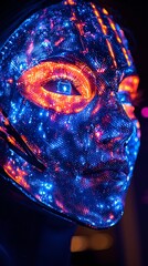 Naklejka premium A mesmerizing illuminated mask glows with vibrant colors and intricate patterns, blending art and technology in an eye-catching display.