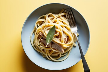 Sage Duck Fettuccine Twirled on a Fork with Vibrant Background