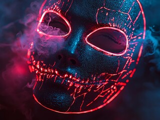 A striking neon skull mask enveloped in smoky effects, depicting a blend of horror and artistic showcase.
