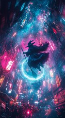 A mystical figure in a vibrant, neon-lit cityscape, wielding a wand and weaving magic amidst a dreamlike atmosphere.