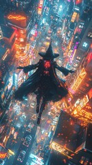 A mystic figure descends through a vibrant, neon-lit cityscape, surrounded by glowing lights and a magical atmosphere.