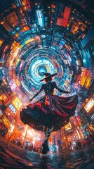 A luminous figure in a dramatic dress dances at the center of a vibrant cityscape, surrounded by swirling neon lights and a sense of magic.