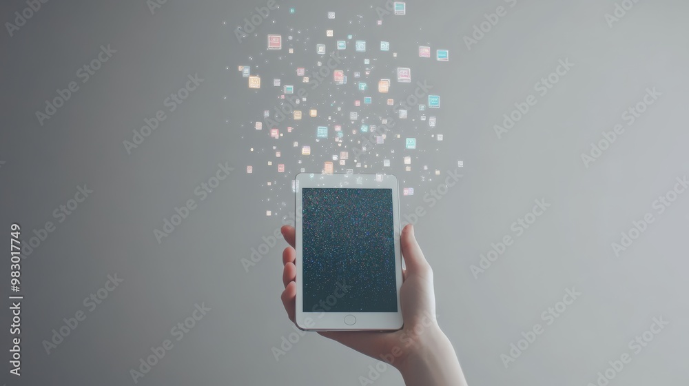 Poster hand showcasing a smartphone with a starry app burst. concept of unlimited app connectivity in the d
