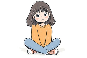 Anime-style drawing of a sad girl sitting cross-legged, wearing a yellow sweater and blue jeans, with a concerned expression and short brown hair