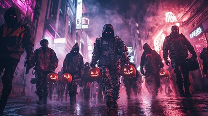 A haunting scene of figures in dark attire, carrying glowing jack-o&rsquo;-lanterns, walking through a neon-lit, misty urban setting.