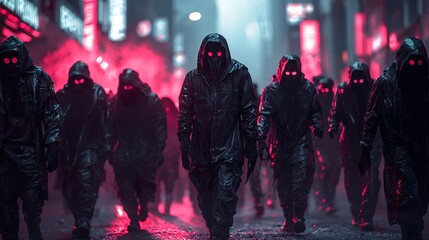 A group of shadowy figures in dark, reflective clothing walks through a neon-lit street, creating a mysterious, ominous atmosphere.