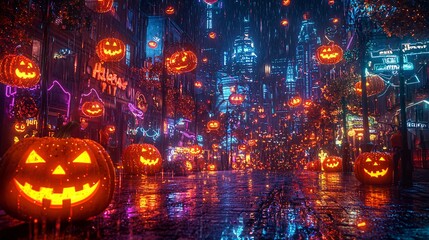 A vibrant Halloween scene filled with glowing jack-o'-lanterns amidst a rainy, neon-lit city backdrop, creating a spooky yet festive atmosphere.