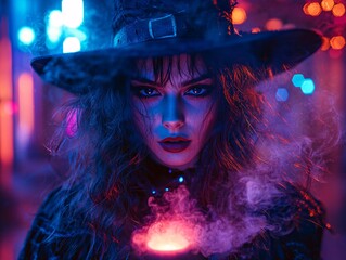 A mystical witch stirs colorful smoke from a glowing cauldron, set against a vibrant backdrop of lights, creating an enchanting and captivating atmosphere.