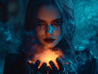 A mysterious woman holds glowing orbs in her hands, surrounded by ethereal smoke and vibrant blue lighting, embodying a dark, magical theme.