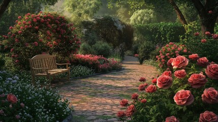 Obraz premium a romantic garden filled with blooming roses, winding paths