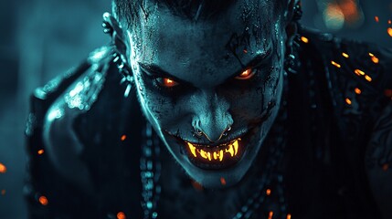 A fierce, demonic figure stares with glowing eyes and sharp teeth in a dark, atmospheric setting, embodying themes of horror and intensity.