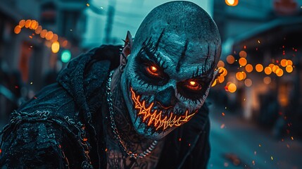 A striking figure with a skull-like face, glowing eyes, and a sinister grin. The backdrop features dim lights, enhancing the eerie atmosphere.
