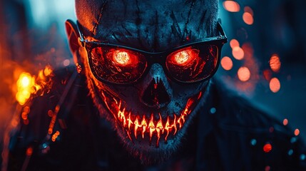 A fiery, menacing skull figure with glowing red eyes and sharp teeth, wearing sunglasses amidst a dark, smoky background.