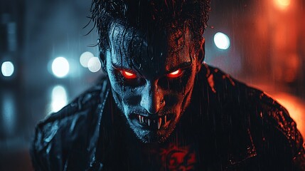 A dark, atmospheric image of a figure with glowing red eyes and a wet, gritty appearance, evoking a sense of intensity and mystery.