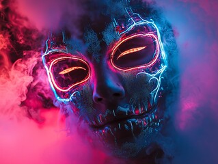 A mystical face with glowing neon features, enveloped in colorful smoke, creating a surreal and vibrant atmosphere.