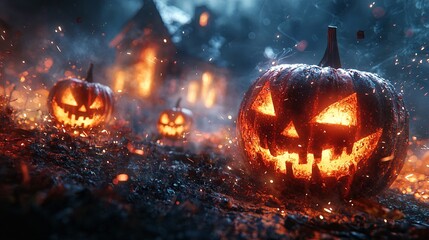 A spooky night scene featuring glowing jack-o'-lanterns with an eerie background of an old haunted house.