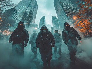Urban scene with five shadowy figures in dark gear walking through a foggy cityscape, creating a mysterious and eerie atmosphere.