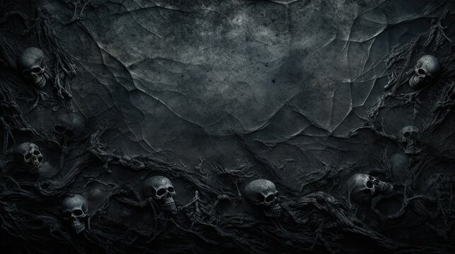 Scary wall background with skull bones on the wall, horror texture for background