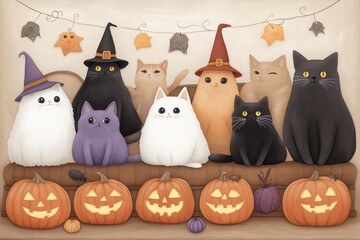 Obraz premium Hocus Pocus Cats: A whimsical illustration of a group of adorable cats dressed in Halloween costumes, gathered on a couch with pumpkins and spooky decorations. 