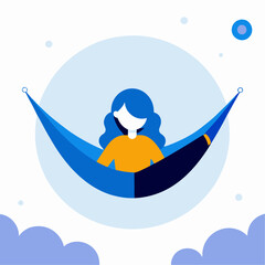 A woman is relaxing in a hammock. The hammock is blue and the woman is wearing an orange shirt
