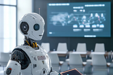 AI robot giving a presentation in a futuristic boardroom, highlighting the future of technology and corporate innovation.