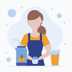 A woman is making a drink with a pitcher and a cup. She is wearing a blue apron