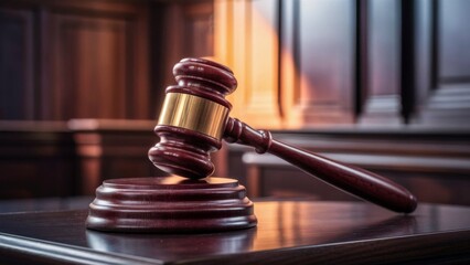 Mahogany wood gavel resting on a wooden base in a dimly lit courtroom with sunlight casting a soft glow on the background, representing justice, legal authority, and judicial proceedings