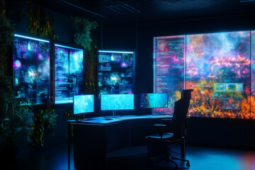 A bioluminescent workspace illuminated by holographic screens, showcasing the intersection of nature and technology. 