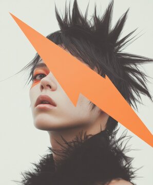 Young Non-binary Asian Person in Bold Visual Kei Style with Elaborate Hair and Makeup, Posing Dramatically with an Arrow in Artistic Fashion