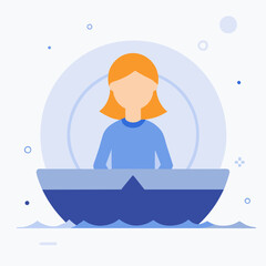 A woman is sitting in a boat in the water. The boat is blue and white. The woman is wearing a blue shirt