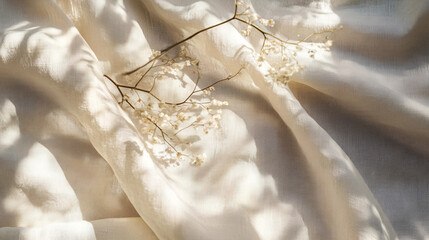 The wedding textile background features an aesthetic boho aesthetic, a draped neutral beige linen texture, and an abstract floral sunlight shadow.