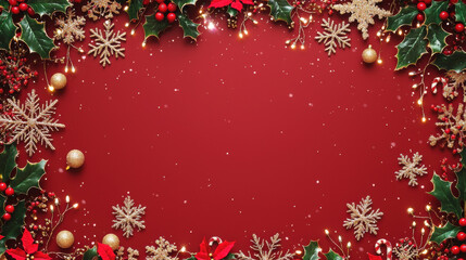 Festive holiday decorations featuring snowflakes, berries, and gold ornaments on a vibrant red background