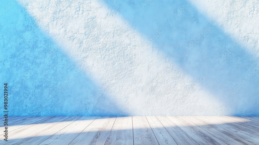Poster interior wooden floor and frosty blue concrete wall with subtle light and shadows in a calm and sere