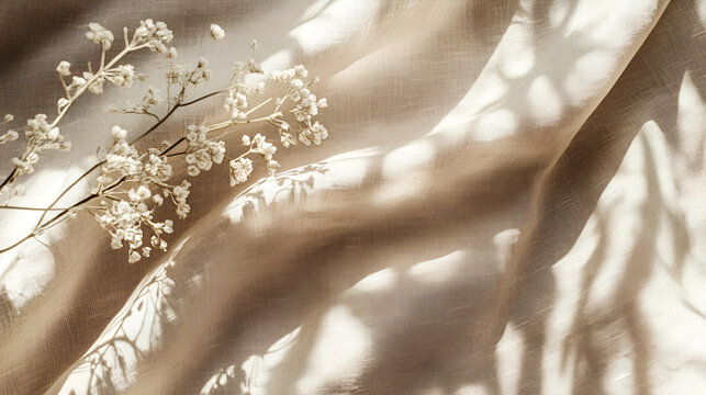 The wedding textile background features an aesthetic boho aesthetic, a draped neutral beige linen texture, and an abstract floral sunlight shadow.