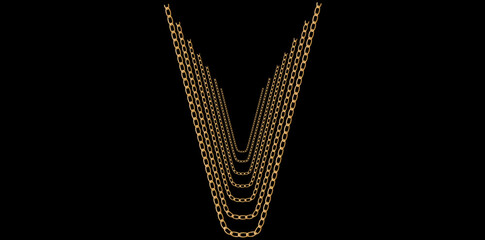 Multilayer Trendy Gold Chains On Black Background, Unique Fine Jewelry Neck Design Vector Illustration.	