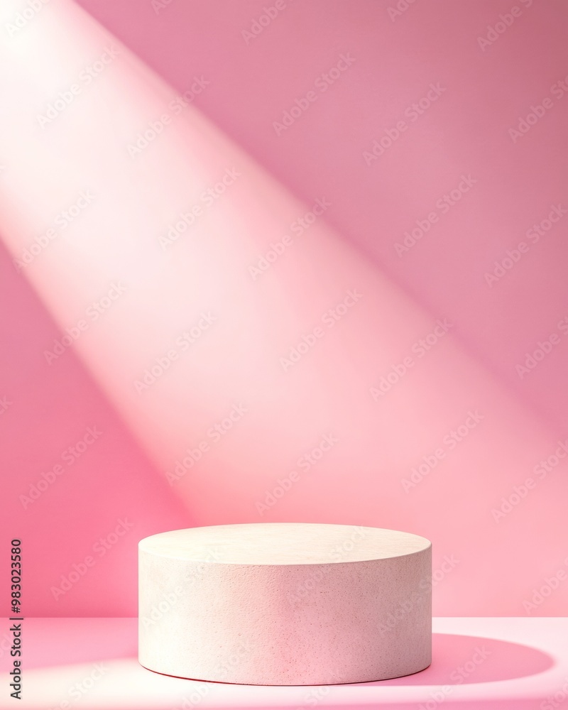 Poster minimalist neon pink podium mockup with textured finish and soft glow effect in a bright white backg