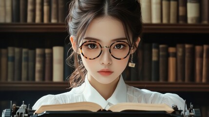 Young Female Author in 80s-Inspired Outfit Writing on Vintage Typewriter in Library During Daytime - Creative Literary Concept for National Authors Day