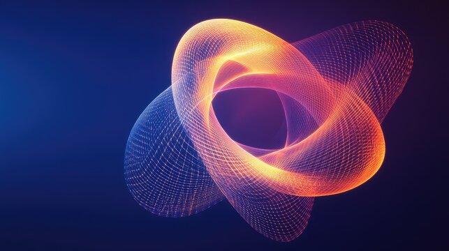 A suspended 3D torus knot made of glowing lines, creating a digital abstract effect.