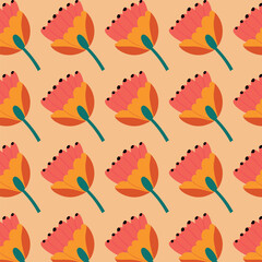 Colorful seamless flowers pattern, vector illustration hand-drawn  botany style, floral doodle background,minimal botanical art, funny basic nature shapes wallpaper.