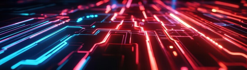 Fototapeta premium Abstract futuristic digital circuit background with vibrant red and blue neon lights.